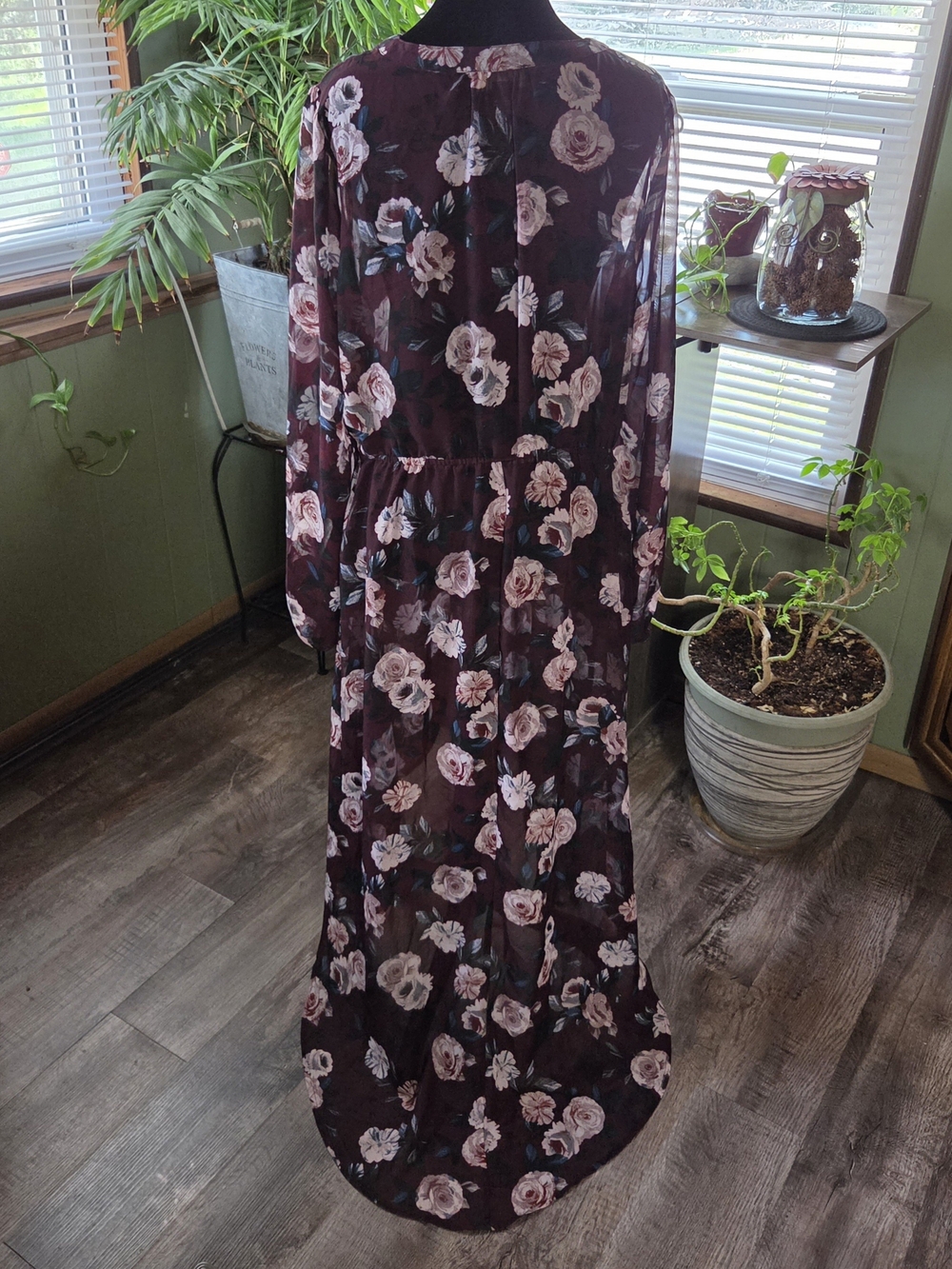 Plus Sheer Burgundy Chiffon Floral Maxi High-Low Fall Floral Dress 0X - Picture 12 of 13
